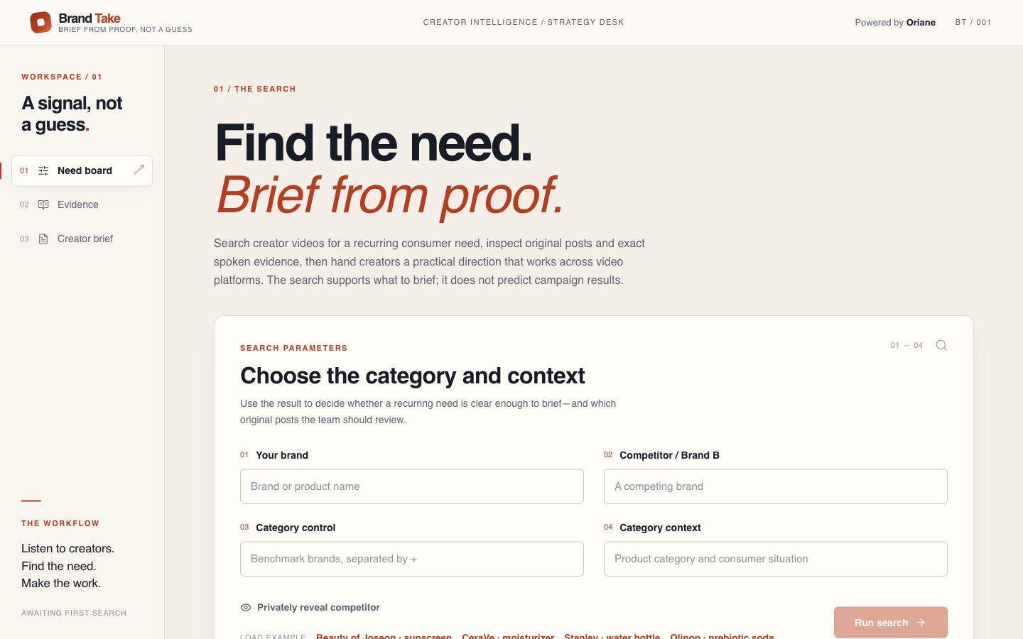 Brand Take live app: find the need, brief from proof
