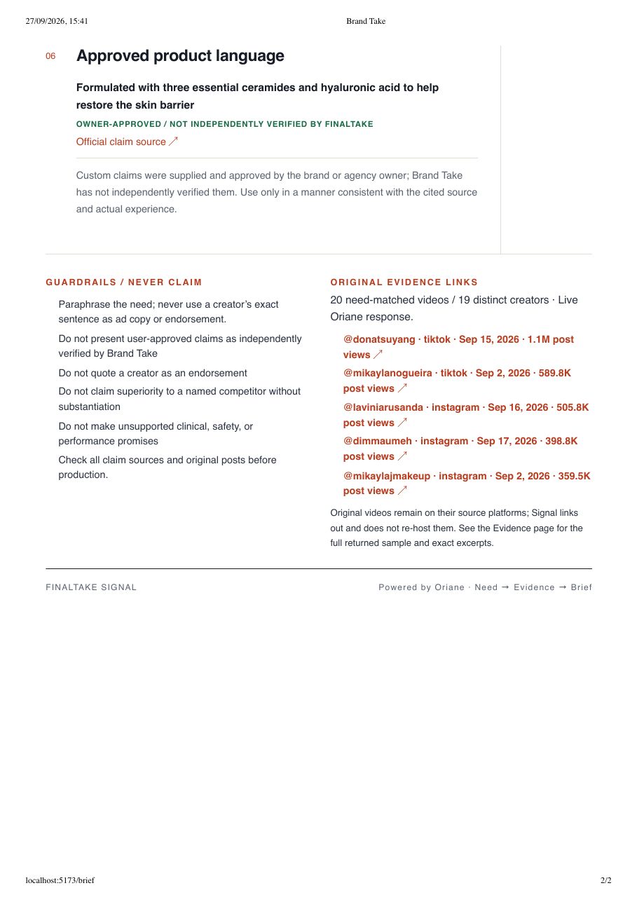 CeraVe creator brief, page 2: approved product language, guardrails and original evidence links